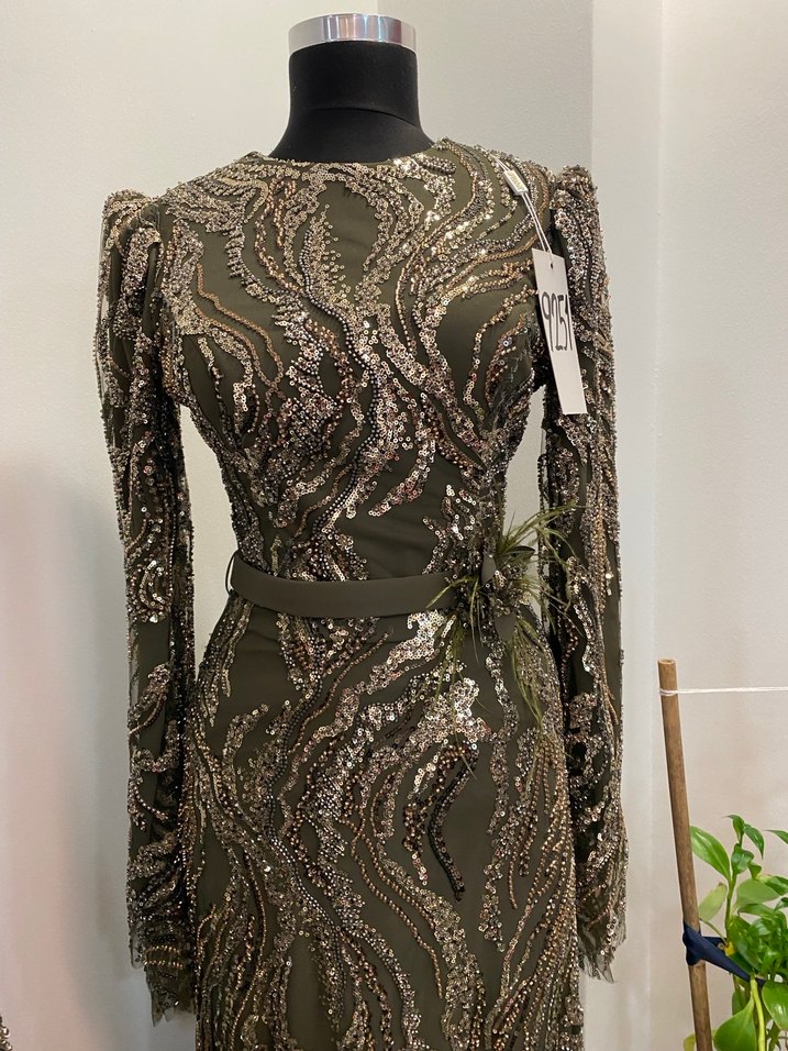 Kadın Haki Uzun Yılan Desenli Drapeli Elbise - Görsel 2