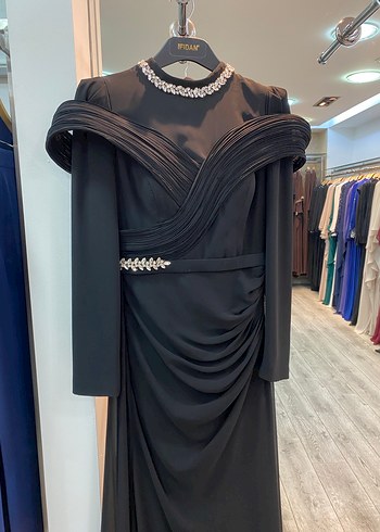 Siyah Uzun Kollu Drapeli Abiye Elbise - Görsel 2