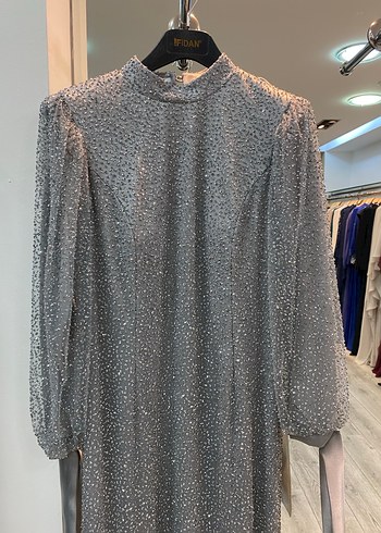 Uzun Kollu Gri Drape Detaylı Kadın Abiye - Görsel 2