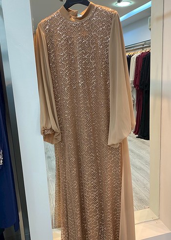 Bej Uzun Kollu Drapeli Yılan Desenli Abiye Elbise - Görsel 2