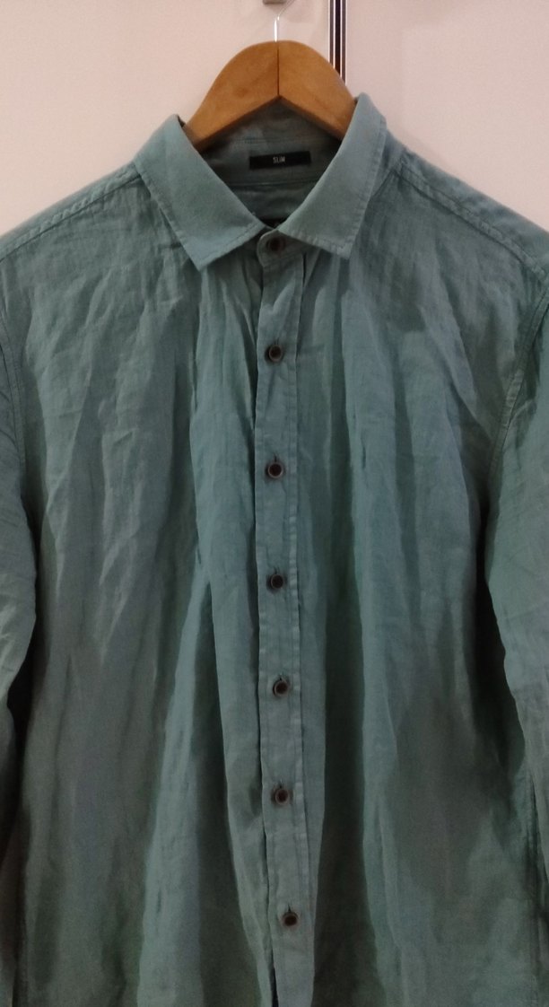 Düğmeli Yeşil Keten Erkek Gömlek - Görsel 2
