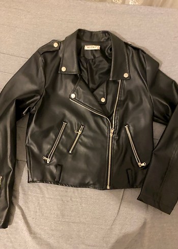 Kadın Siyah Deri Biker Ceket - Görsel 2