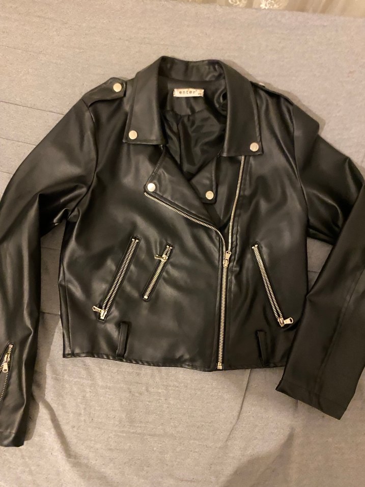 Kadın Siyah Deri Biker Ceket - Görsel 2