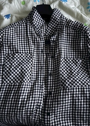 Kadın Gri Ekose Düğmeli Uzun Kollu Gömlek - Görsel 3