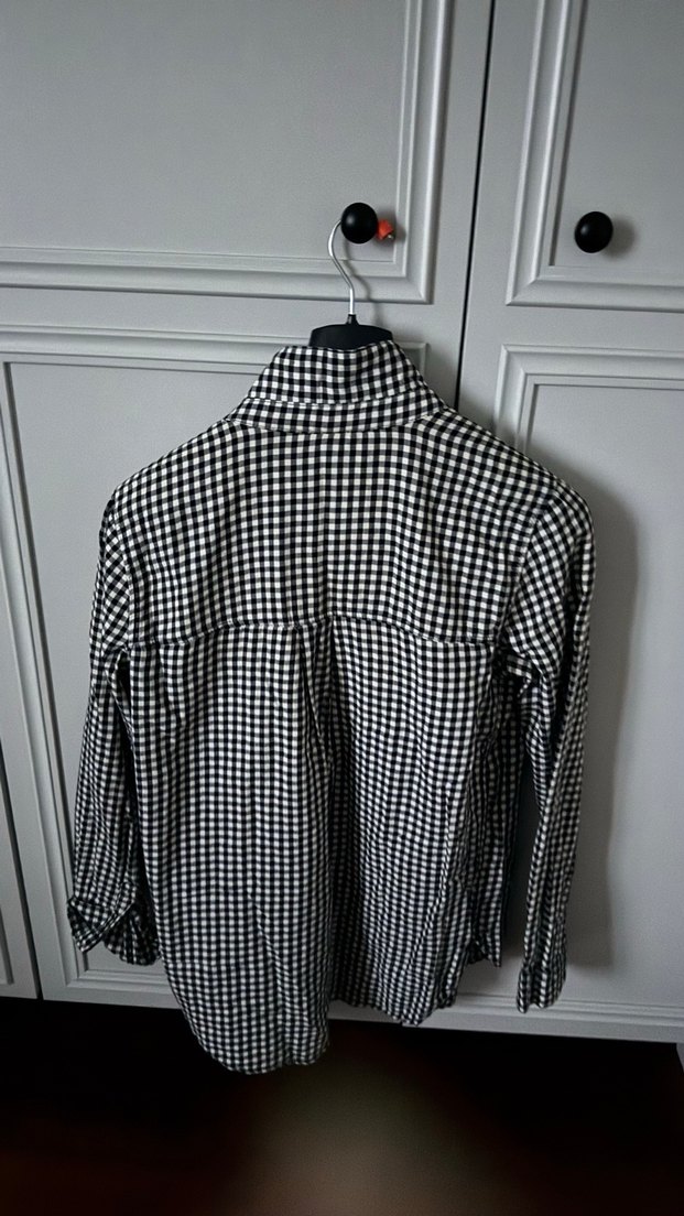 Kadın Gri Ekose Düğmeli Uzun Kollu Gömlek - Görsel 2