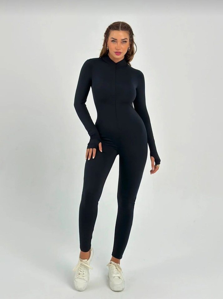 Siyah V Yaka Uzun Kollu Kadın Tulum - Görsel 2