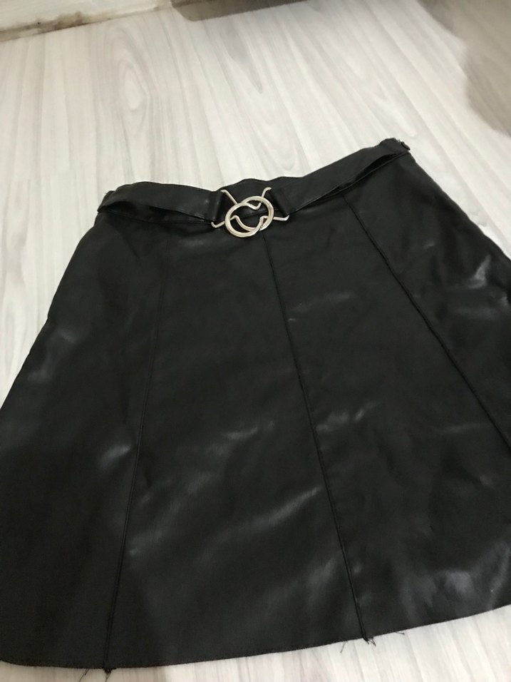 Siyah Deri Mini Kadın Etek - Görsel 3
