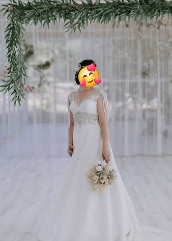 A V Yaka gumuş apolet Askılı Bohem Gelinlik - Görsel 3