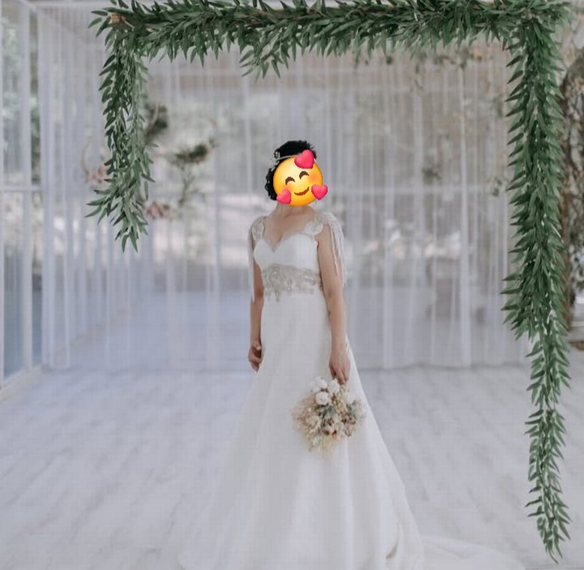 A V Yaka gumuş apolet Askılı Bohem Gelinlik - Görsel 3