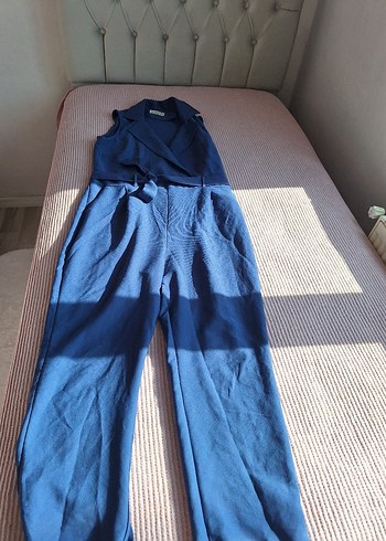 Kadın Mavi Keten Kuşaklı tulum - Görsel 5