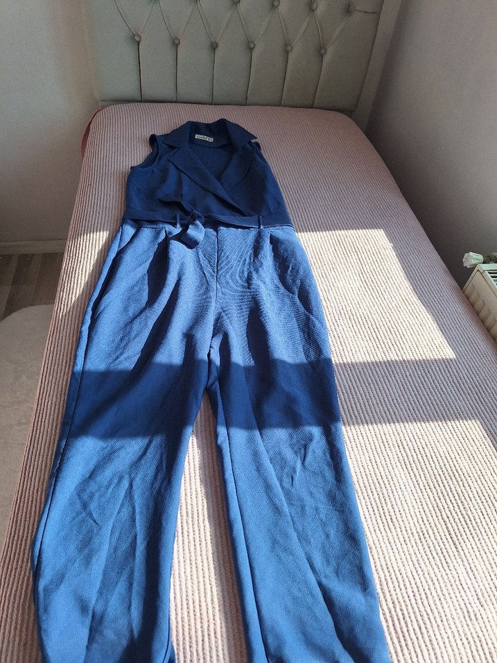 Kadın Mavi Keten Kuşaklı tulum - Görsel 5