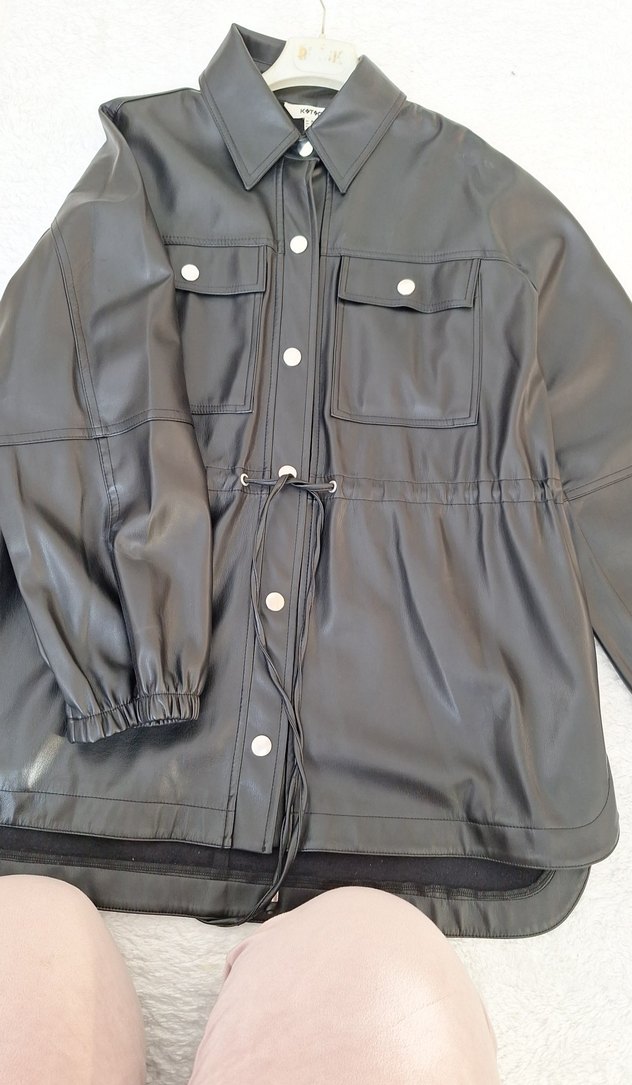 koton Düğmeli Siyah Deri Kadın Ceket - Görsel 4