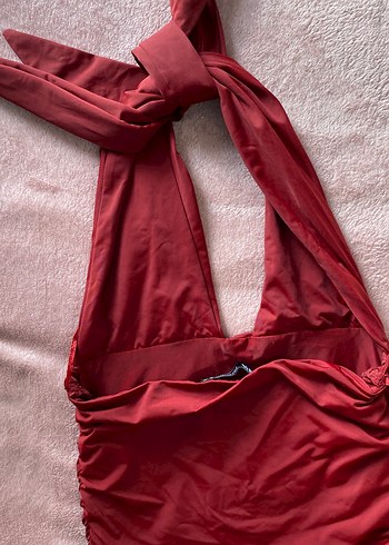 Bordo Drapeli V Yaka Kolsuz Mini Bluz - Görsel 5