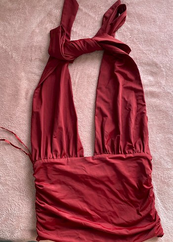 Bordo Drapeli V Yaka Kolsuz Mini Bluz - Görsel 2