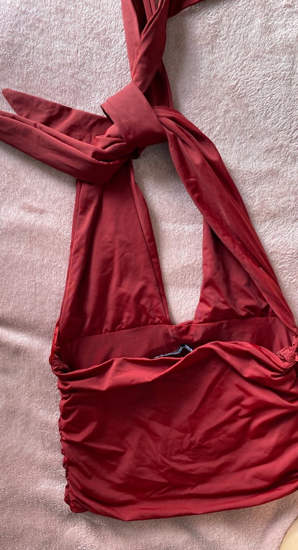 Bordo Drapeli V Yaka Kolsuz Mini Bluz - Görsel 5