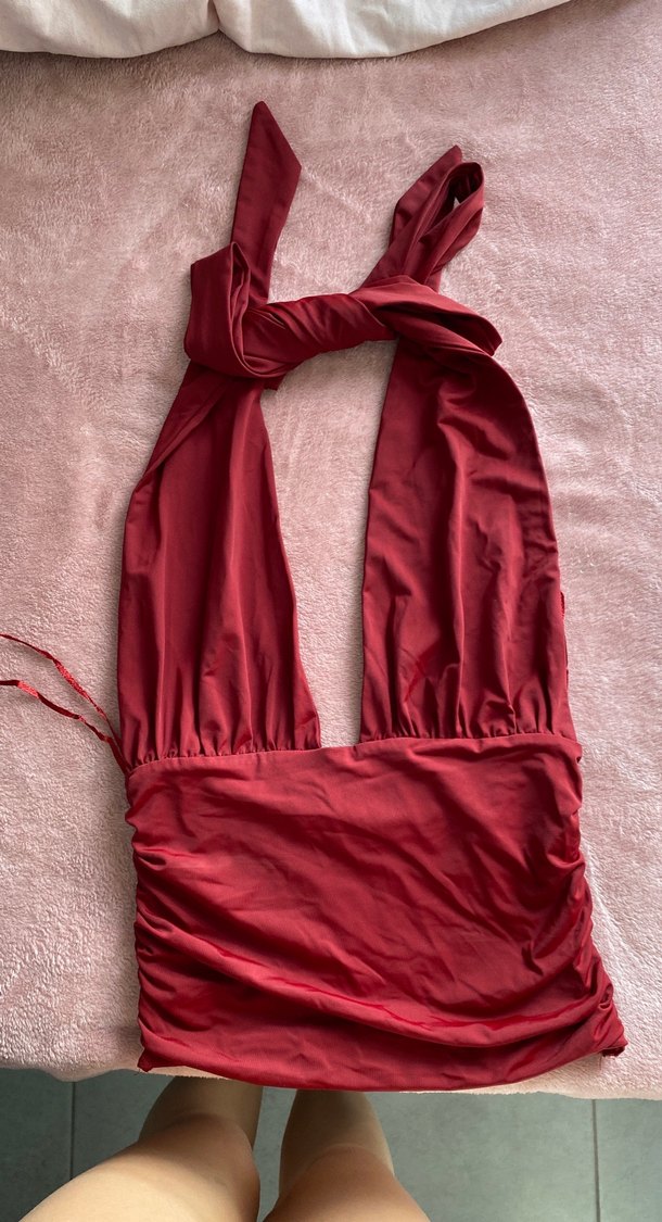 Bordo Drapeli V Yaka Kolsuz Mini Bluz - Görsel 2