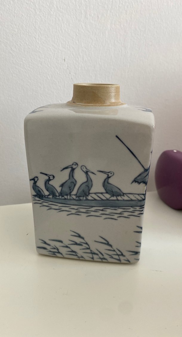 Kare Seramik Vazo, Mavi Kuş Desenli - Görsel 3