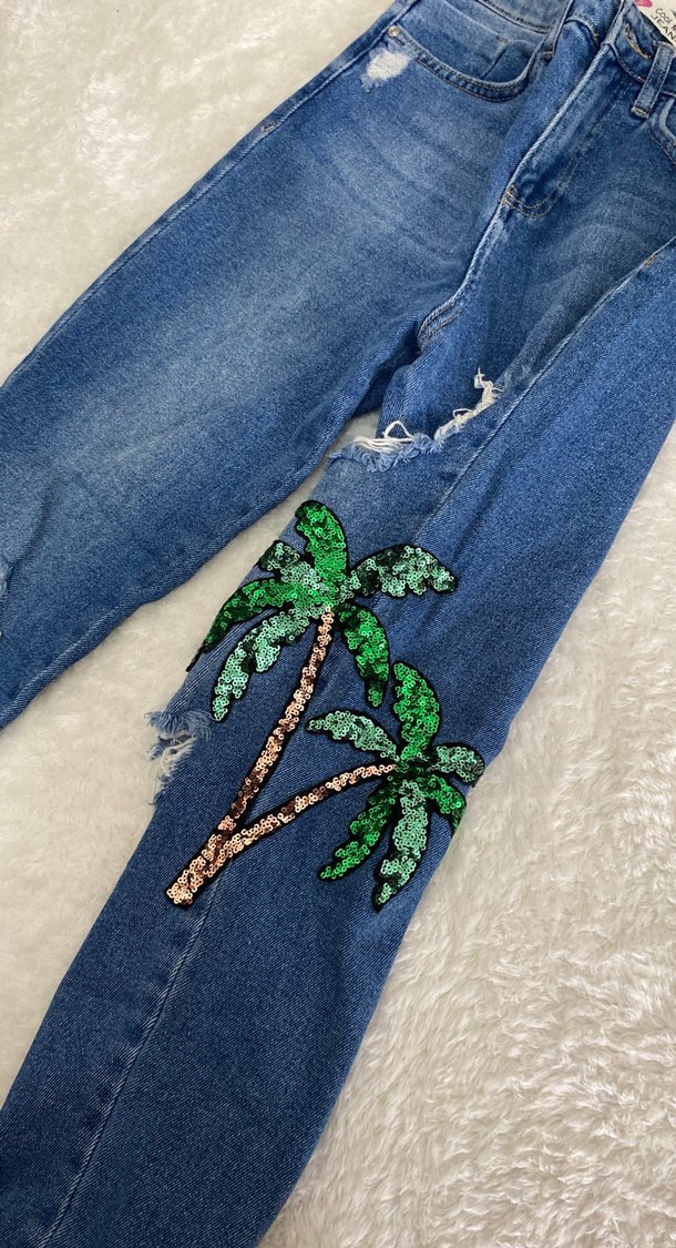 Pul İşlemeli Mavi Bol Kesim Kadın Kot Pantolon - Görsel 2