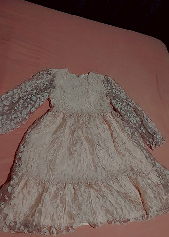 Bej Dantelli Uzun Kollu Kız Elbisesi - Görsel 3