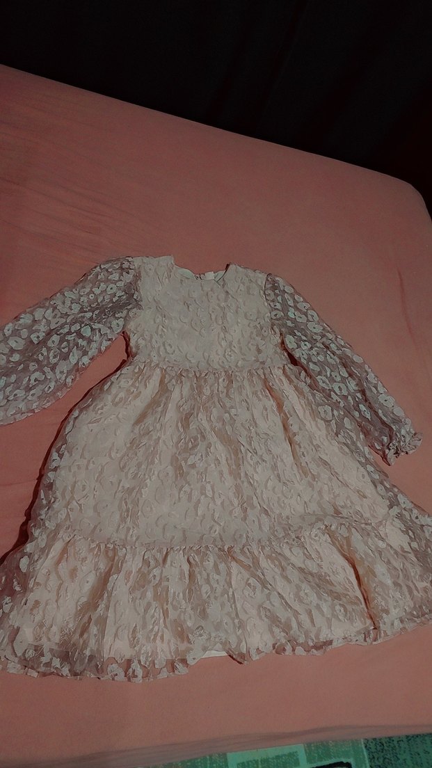 Bej Dantelli Uzun Kollu Kız Elbisesi - Görsel 3