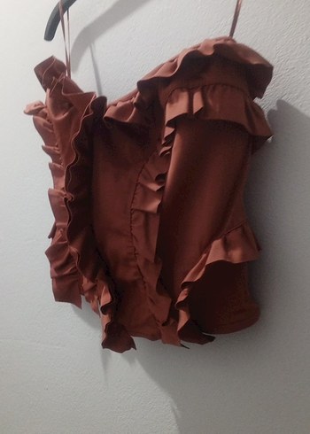 Kahverengi Fırfırlı Deri Straplez Bustiyer - Görsel 2