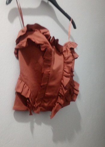 Kahverengi Fırfırlı Deri Straplez Bustiyer - Görsel 3