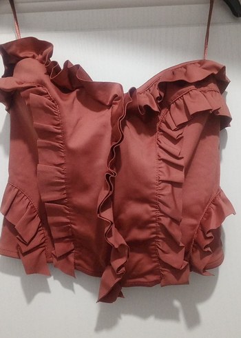 Kahverengi Fırfırlı Deri Straplez Bustiyer - Görsel 4