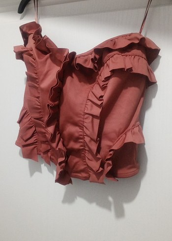 Kahverengi Fırfırlı Deri Straplez Bustiyer - Görsel 6