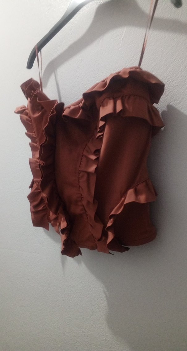 Kahverengi Fırfırlı Deri Straplez Bustiyer - Görsel 2