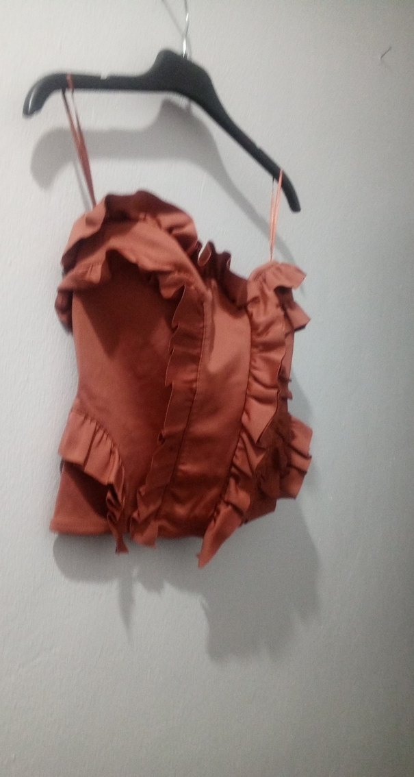 Kahverengi Fırfırlı Deri Straplez Bustiyer - Görsel 3