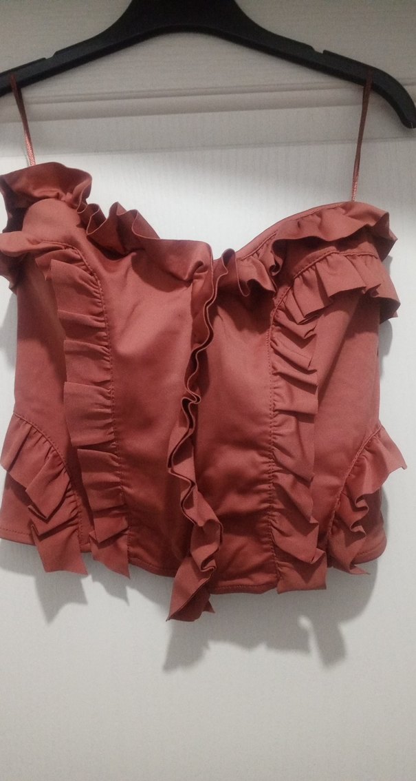 Kahverengi Fırfırlı Deri Straplez Bustiyer - Görsel 4