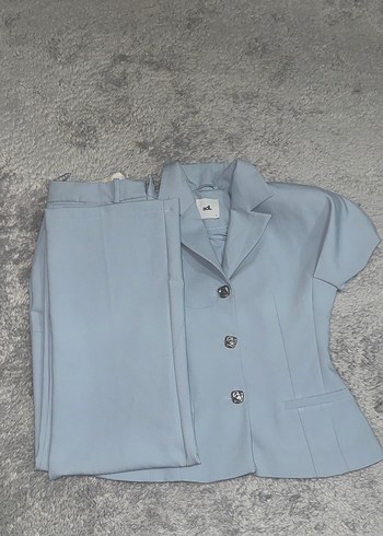 Düğmeli Pastel Mavi Kadın Keten Blazer Adl takım - Görsel 4