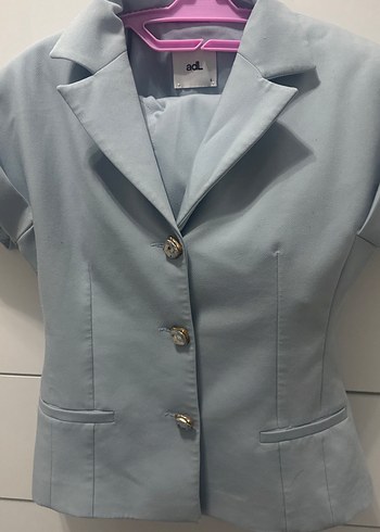 Düğmeli Pastel Mavi Kadın Keten Blazer Adl takım - Görsel 2