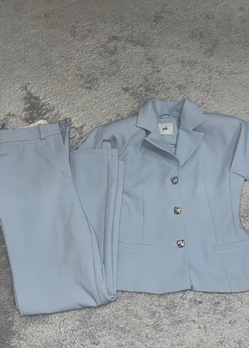 Düğmeli Pastel Mavi Kadın Keten Blazer Adl takım - Görsel 3