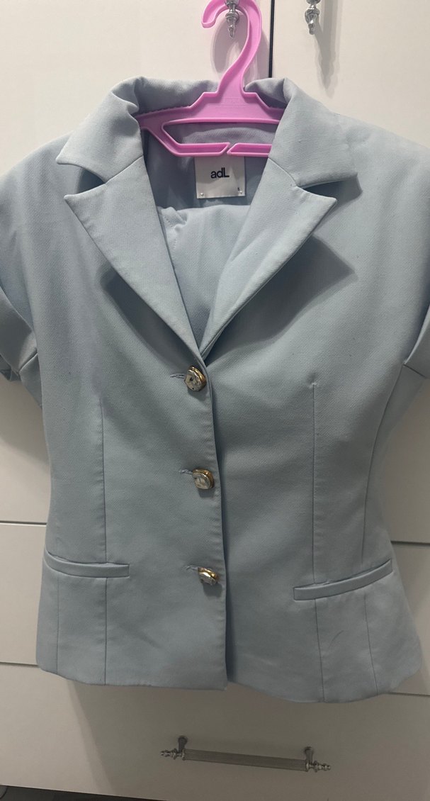 Düğmeli Pastel Mavi Kadın Keten Blazer Adl takım - Görsel 2