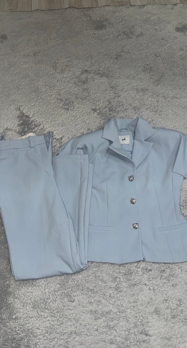 Düğmeli Pastel Mavi Kadın Keten Blazer Adl takım - Görsel 3