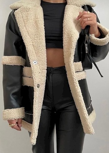 Kürk Detaylı Siyah Deri Midi Ceket - Görsel 2