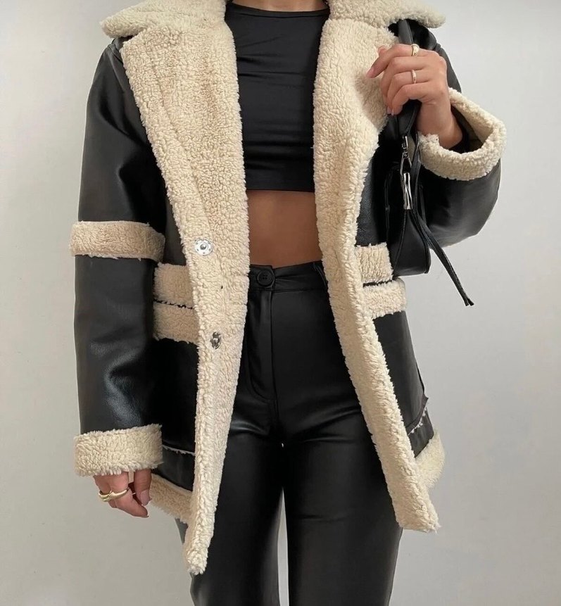 Kürk Detaylı Siyah Deri Midi Ceket - Görsel 2