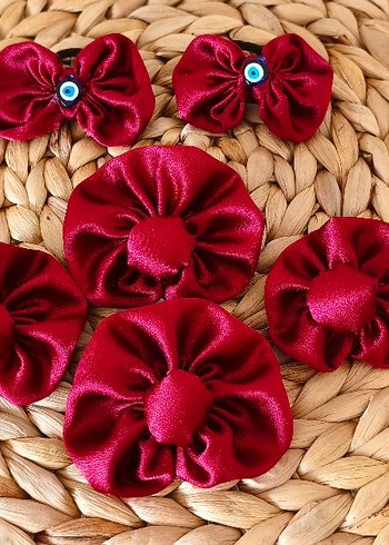 Bordo Kurdeleli Çiçekli Çocuk Toka Seti - Görsel 8