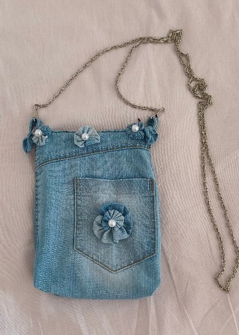 Mavi Kot Zincir Detaylı Nakışlı Kadın Çanta - Görsel 3