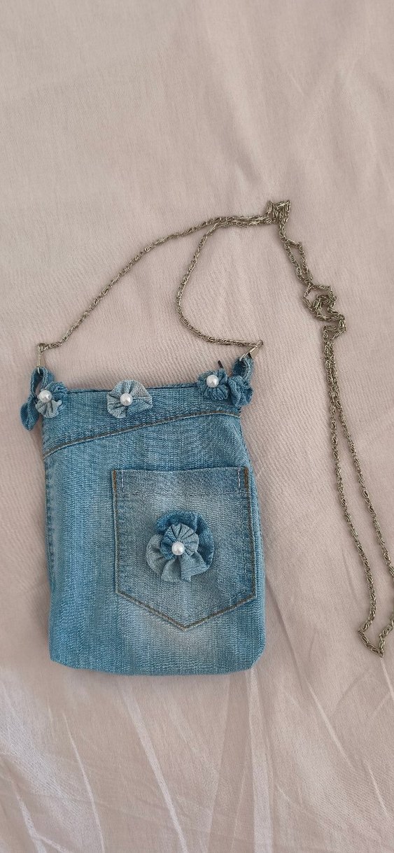 Mavi Kot Zincir Detaylı Nakışlı Kadın Çanta - Görsel 2