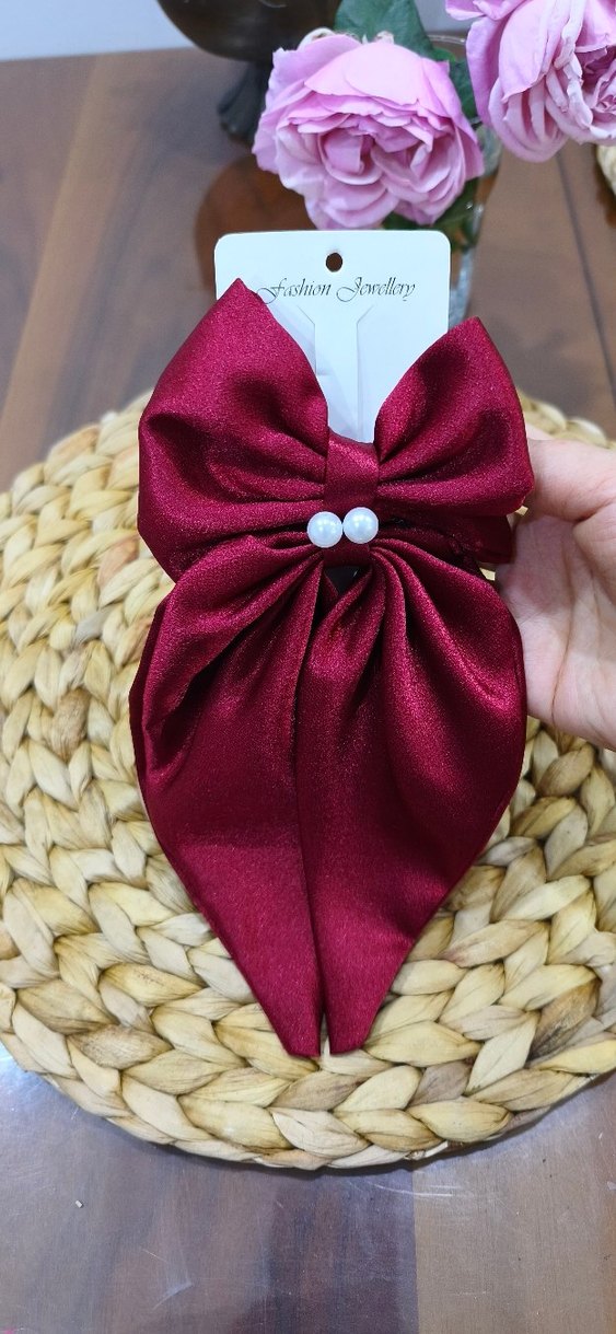 Bordo Saten Fiyonk Toka İnci Detaylı - Görsel 2