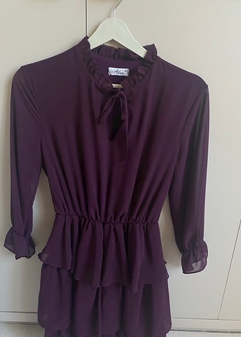 Mor Uzun Kollu Fırfırlı Kadın elbise - Görsel 3