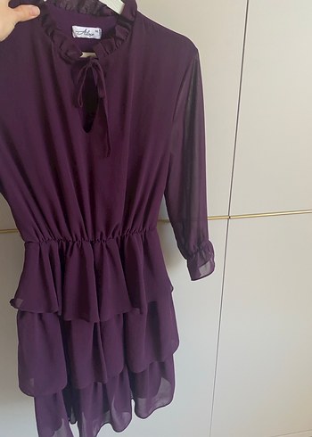 Mor Uzun Kollu Fırfırlı Kadın elbise - Görsel 2