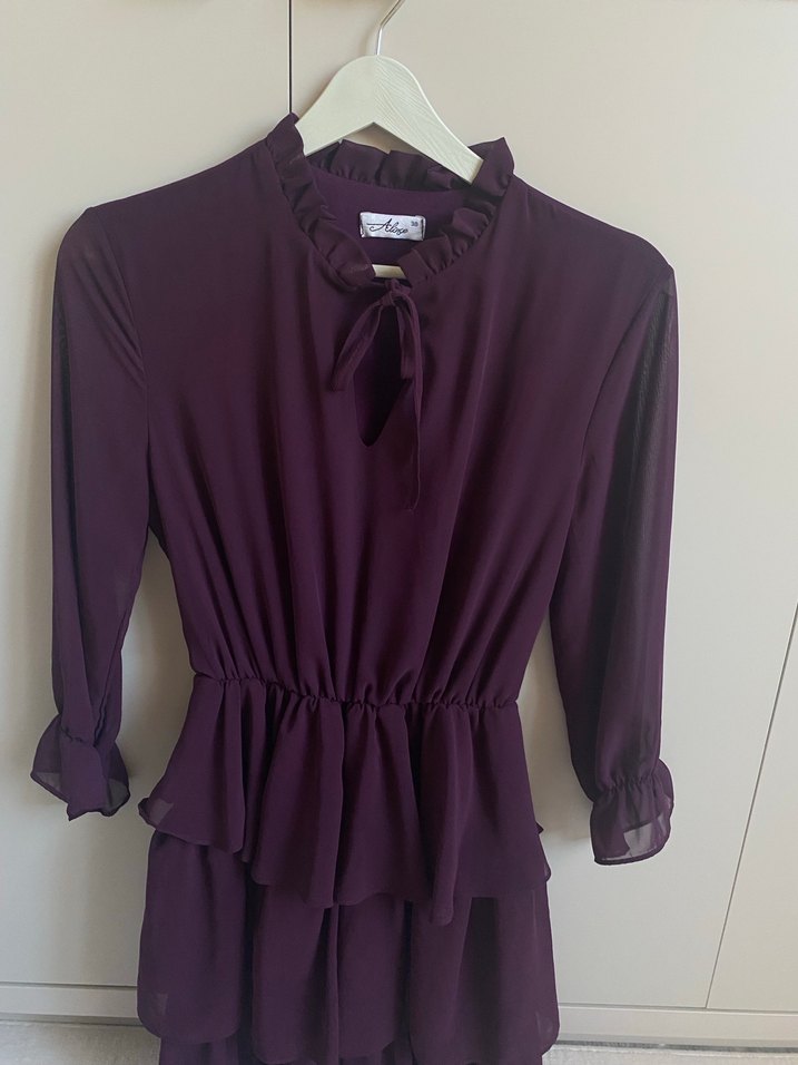 Mor Uzun Kollu Fırfırlı Kadın elbise - Görsel 3