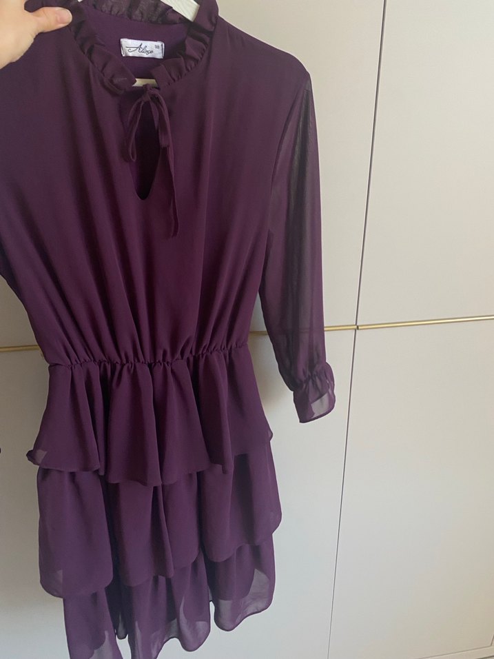Mor Uzun Kollu Fırfırlı Kadın elbise - Görsel 2