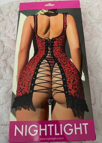 Kırmızı Desenli Mini Gecelik, İnce Askılı - Görsel 2