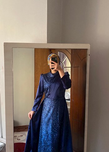 Uzun Mavi Drape Abiye Elbise - Görsel 3