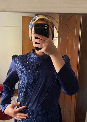 Uzun Mavi Drape Abiye Elbise - Görsel 5