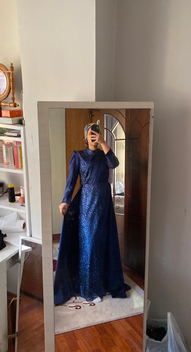 Uzun Mavi Drape Abiye Elbise - Görsel 2